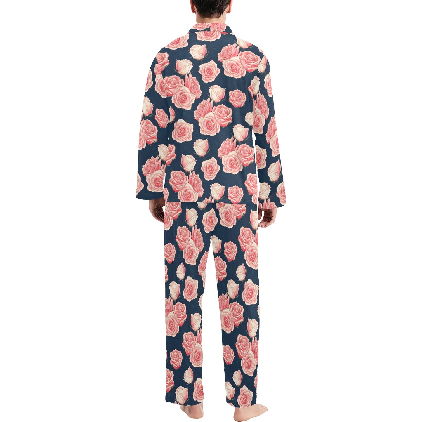 Rose Pattern Print Design A03 Men's Long Pajama Set
