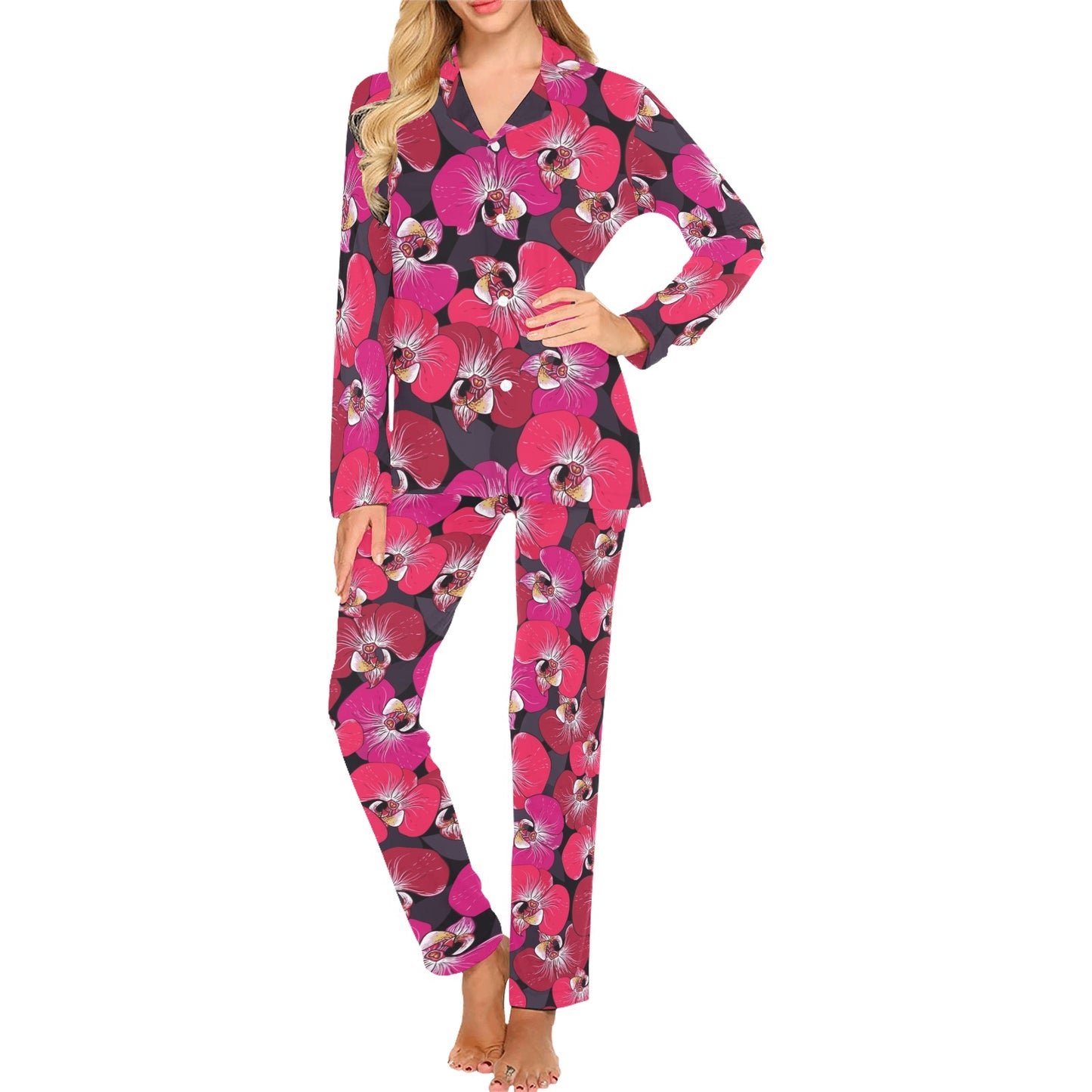 Orchid Red Pattern Print Design OR05 Women's Long Pajama Set