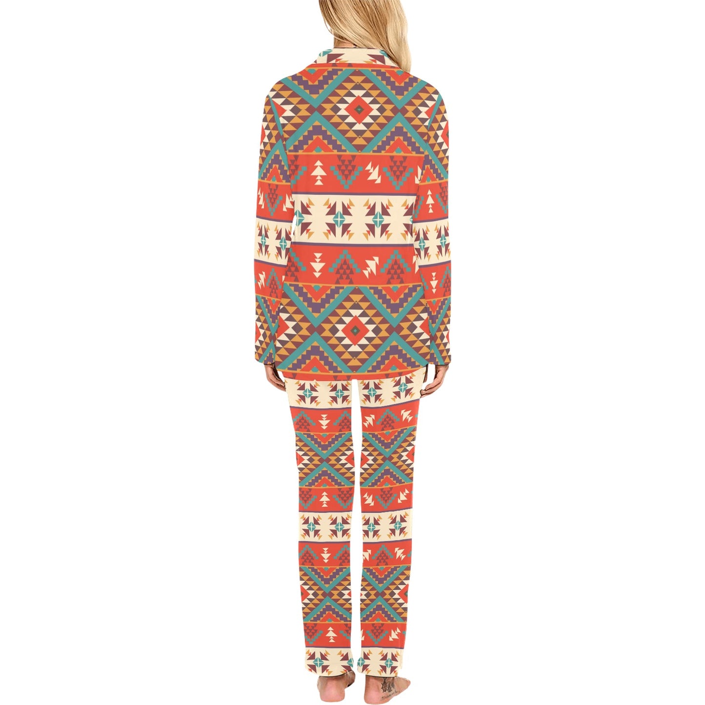 Aztec Red Print Pattern Women's Long Pajama Set