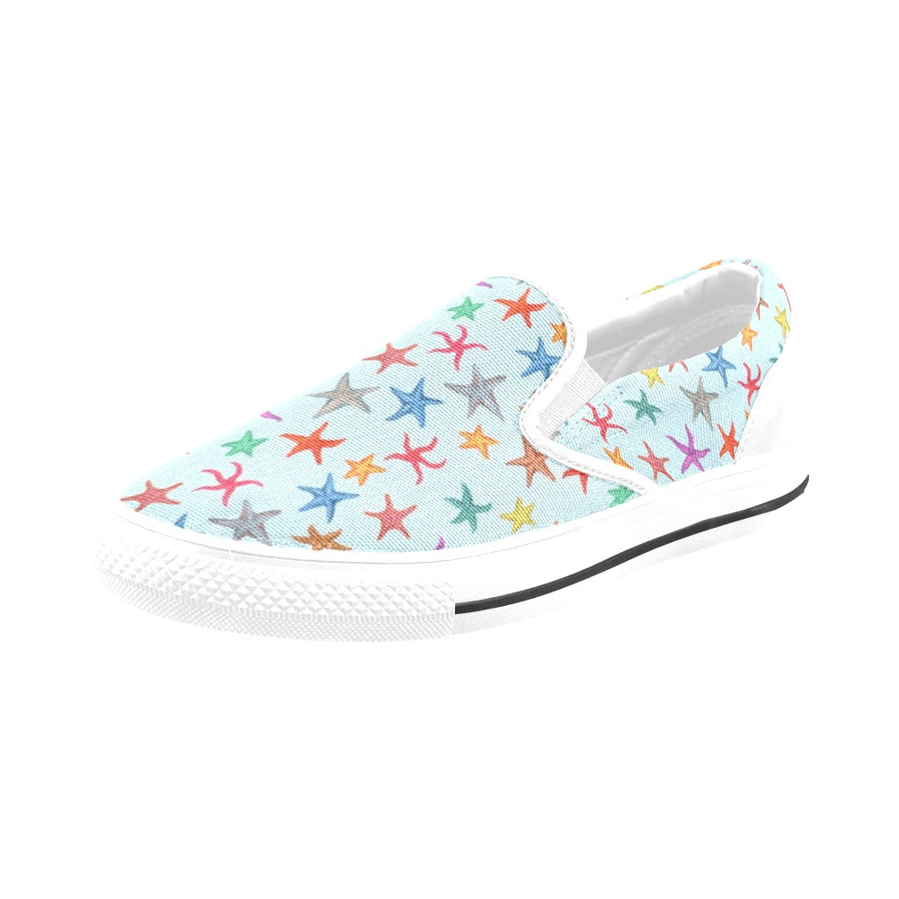 Starfish Print Design LKS402 White Slip Ons Canvas Women's Shoes