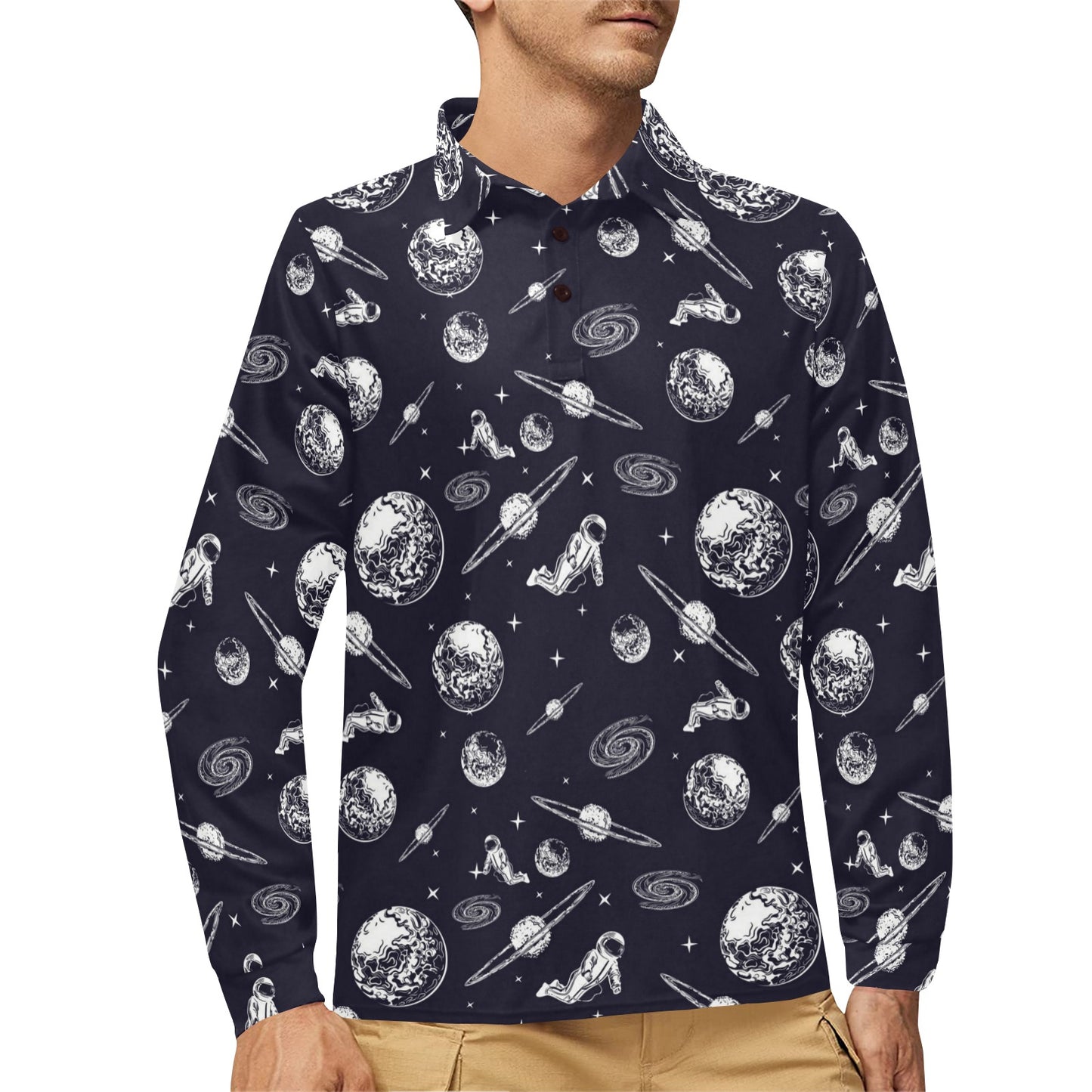 Space Astronaut Print Design LKS302 Long Sleeve Polo Shirt For Men's