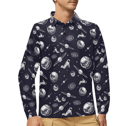Space Astronaut Print Design LKS302 Long Sleeve Polo Shirt For Men's