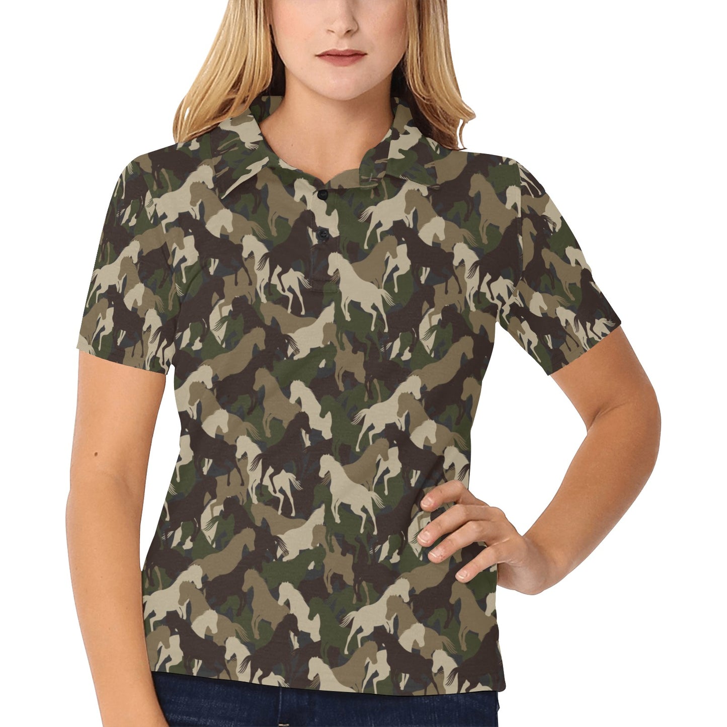 Horse Camo Themed Design Print Women's Polo Shirt