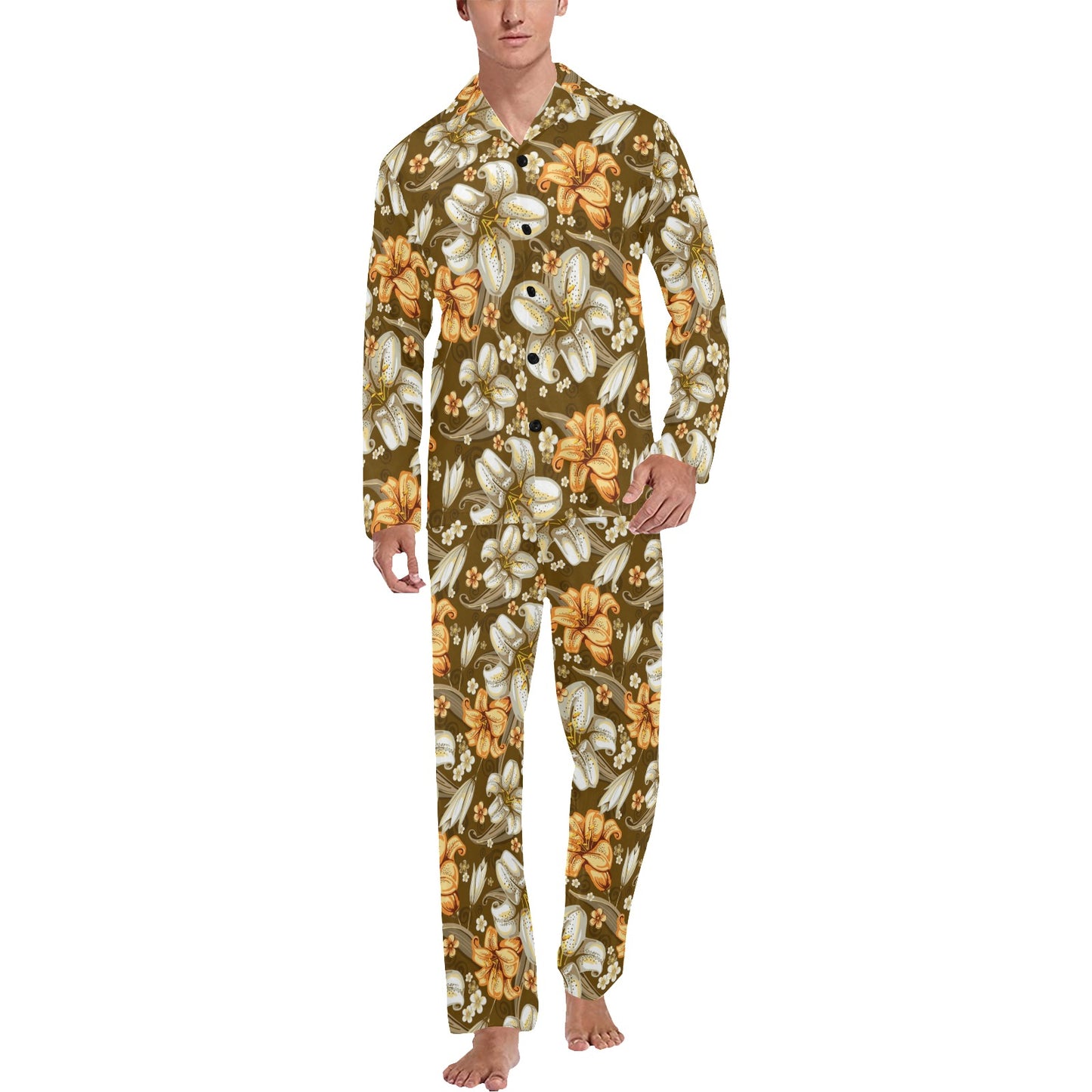 Lily Pattern Print Design 01 Men's Long Pajama Set