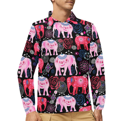 Pink Elephant Pattern Long Sleeve Polo Shirt For Men's