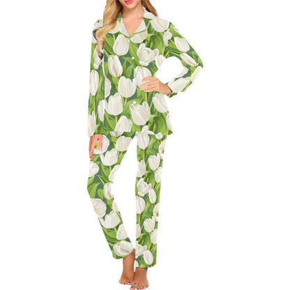 Tulip White Pattern Print Design TP05 Women's Long Pajama Set