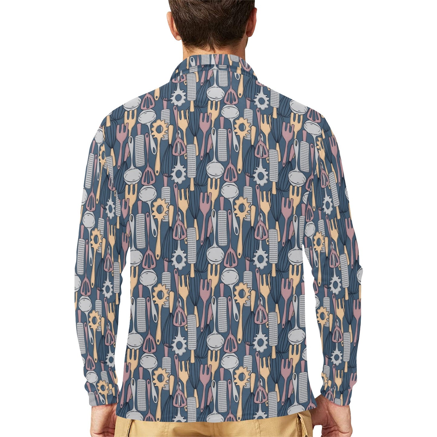 Cooking Kitchen Tools Pattern Print Design 05 Long Sleeve Polo Shirt For Men's