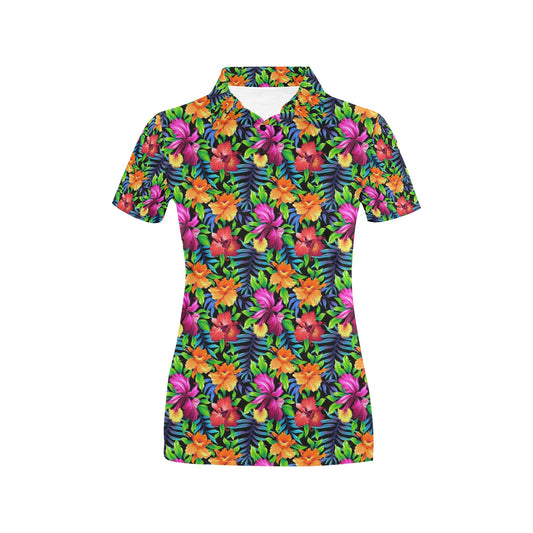 Tropical Folower Colorful Print Women's Polo Shirt