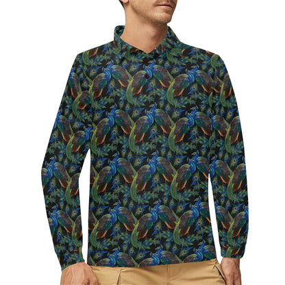 Peacock Themed Design Print Long Sleeve Polo Shirt For Men's