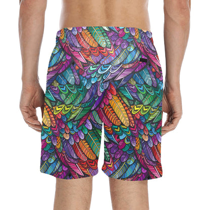 Feather Multicolor Design Print Men's Swim Trunks Beach Shorts