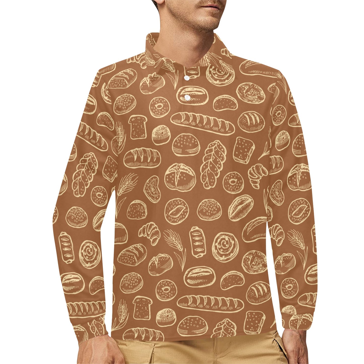 Bread Pattern Print Design 03 Long Sleeve Polo Shirt For Men's