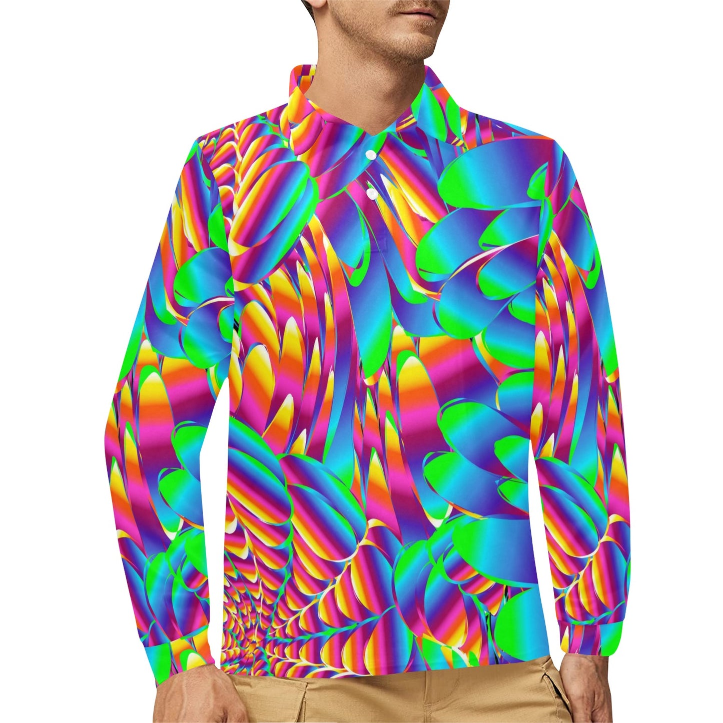 Psychedelic Trippy Pattern Long Sleeve Polo Shirt For Men's