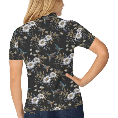 Hummingbird with Embroidery Themed Print Women's Polo Shirt