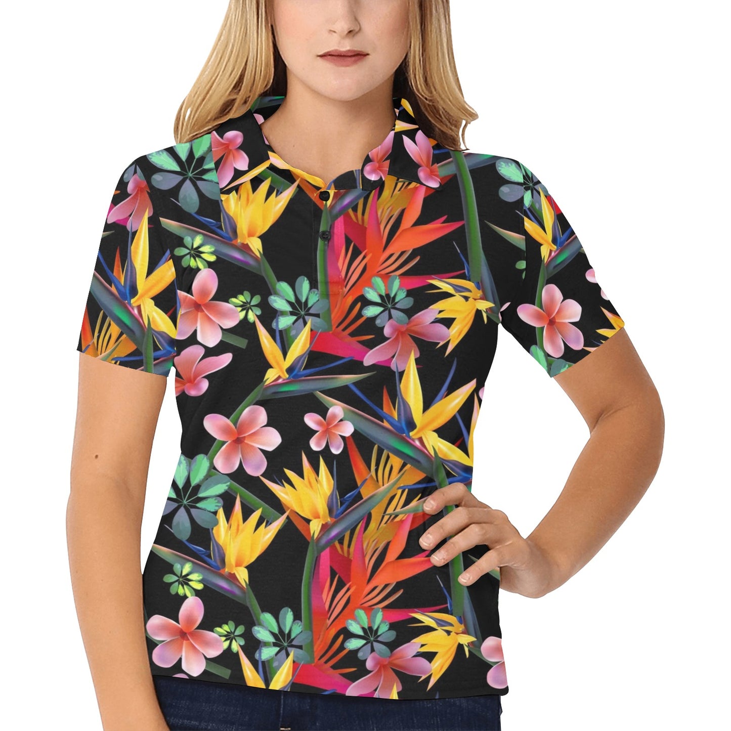Tropical Flower Pattern Print Design TF015 Women's Polo Shirt
