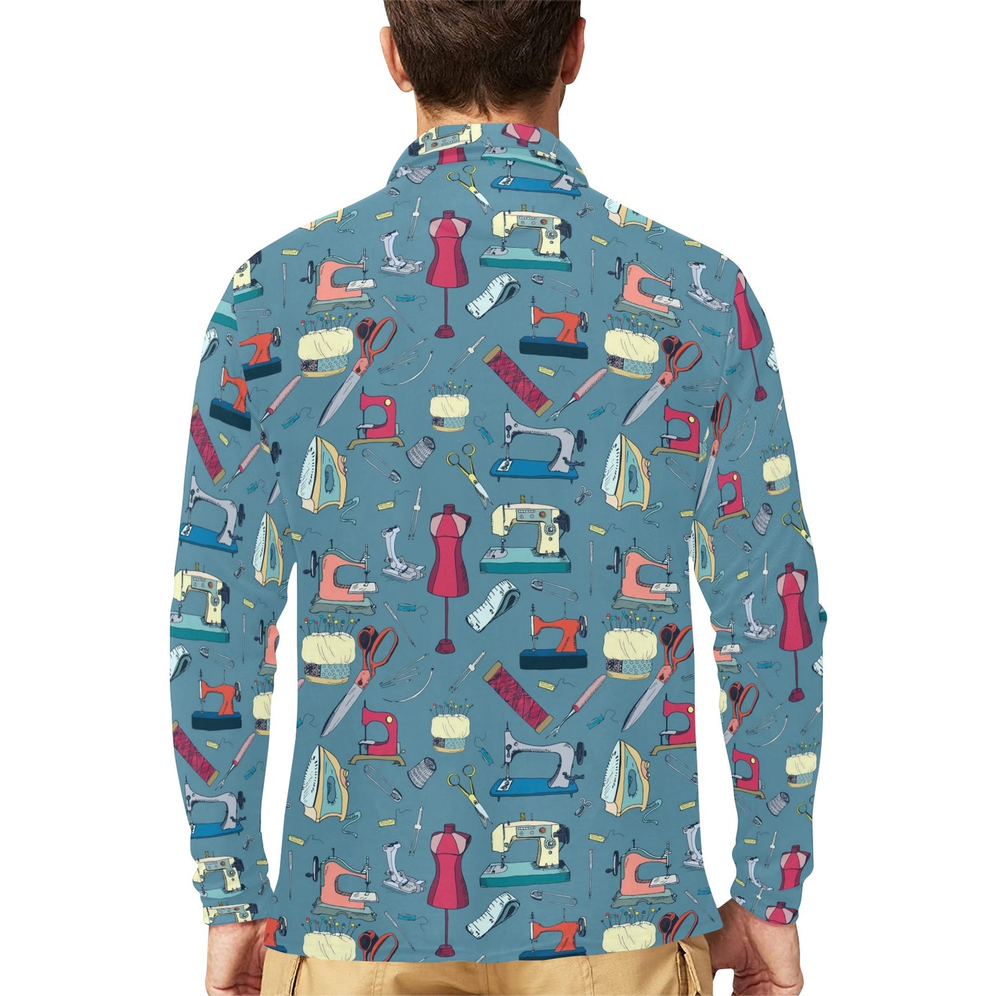 Sewing Equipment Print Design LKS301 Long Sleeve Polo Shirt For Men's