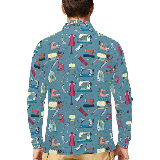 Sewing Equipment Print Design LKS301 Long Sleeve Polo Shirt For Men's