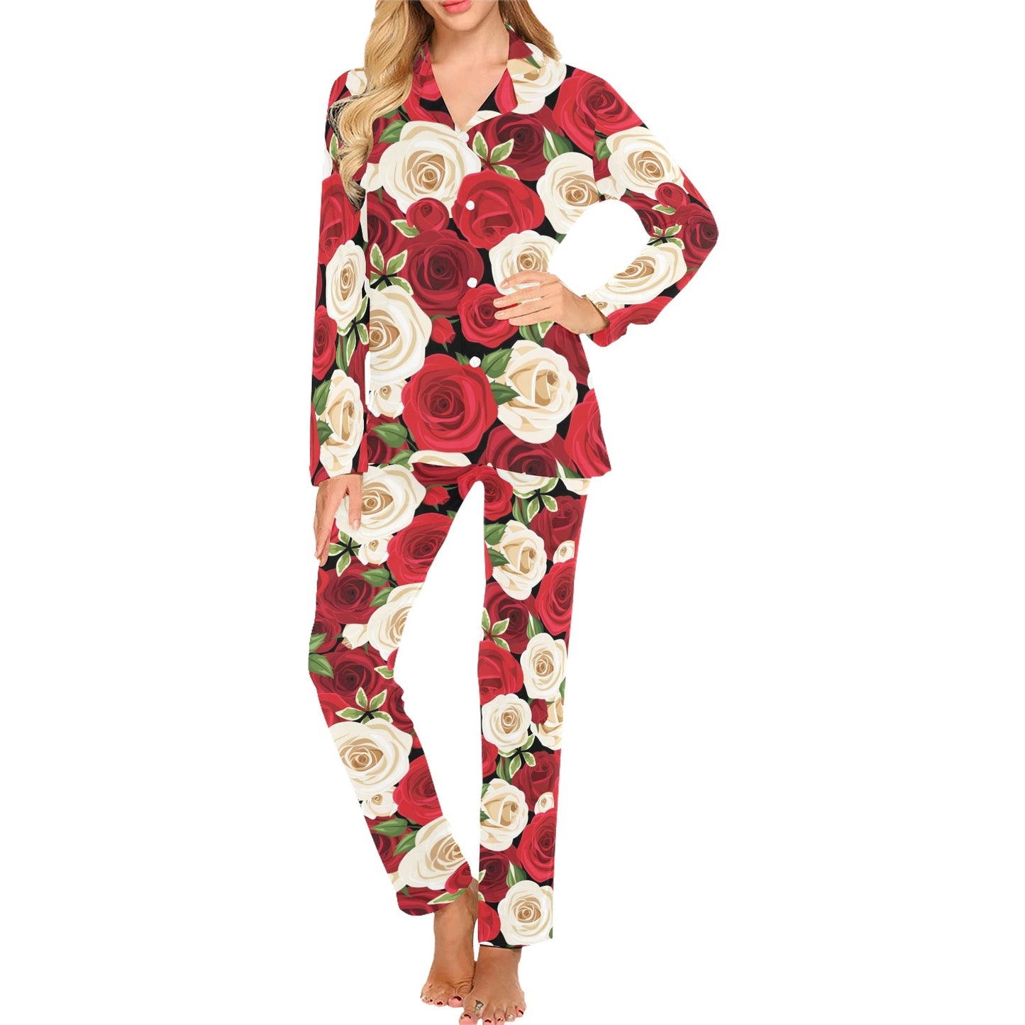 Rose Pattern Print Design RO06 Women's Long Pajama Set