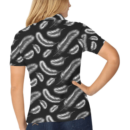 Feather Black White Design Print Women's Polo Shirt