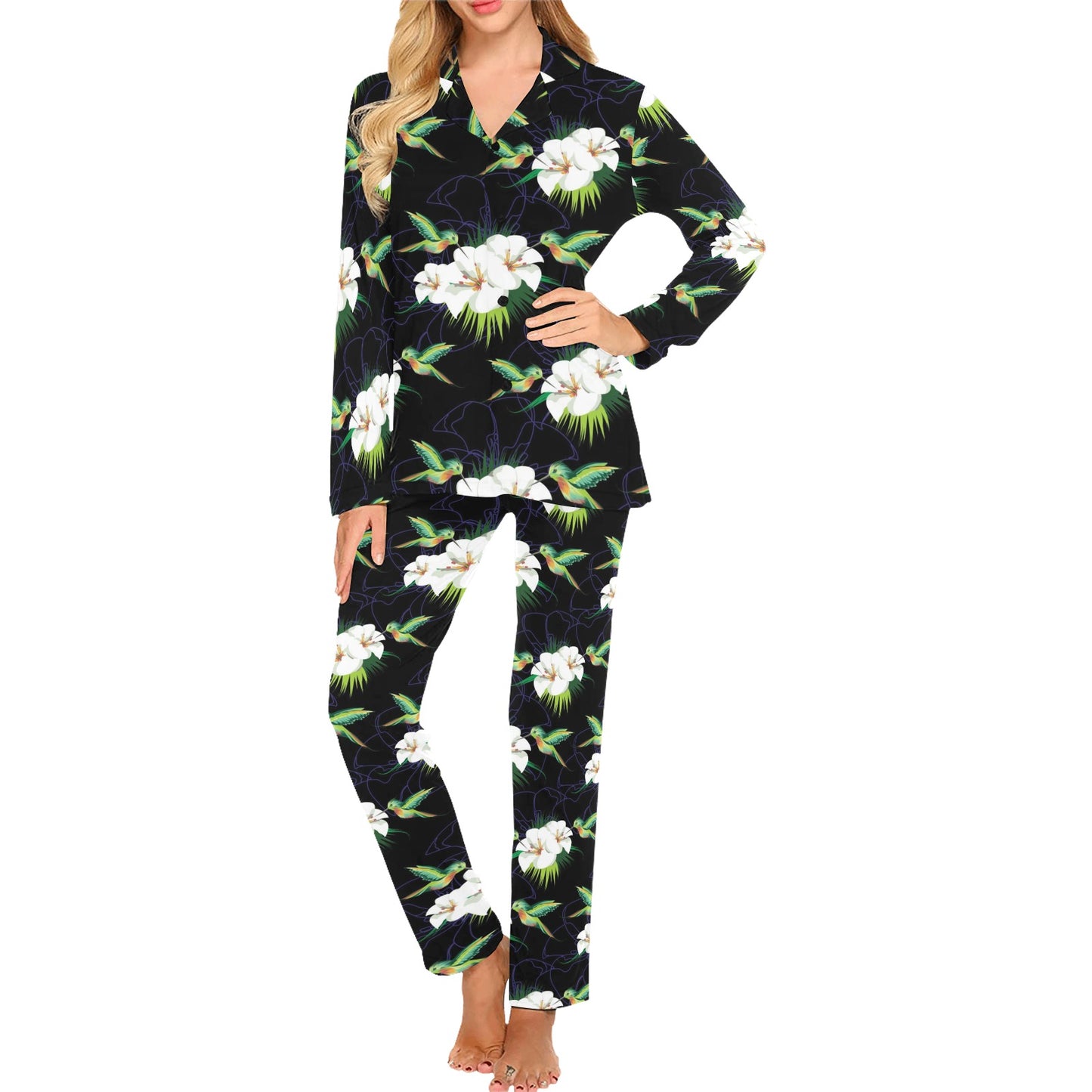 Hummingbird with Flower Pattern Print Design 03 Women's Long Pajama Set