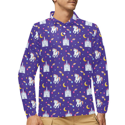 Unicorn Casttle Long Sleeve Polo Shirt For Men's