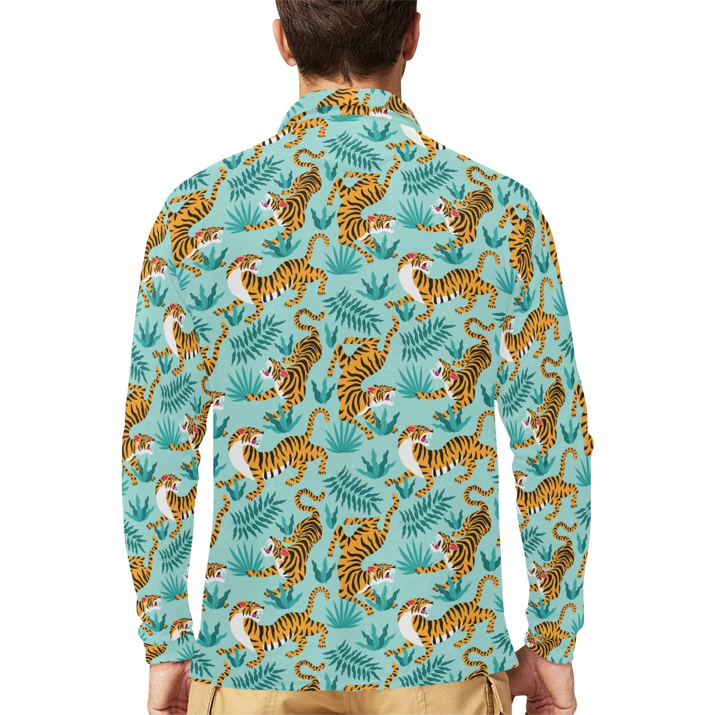 Tiger Print Design LKS304 Long Sleeve Polo Shirt For Men's