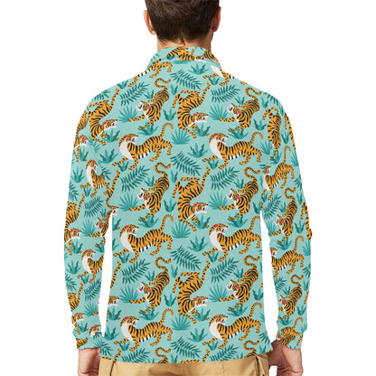 Tiger Print Design LKS304 Long Sleeve Polo Shirt For Men's