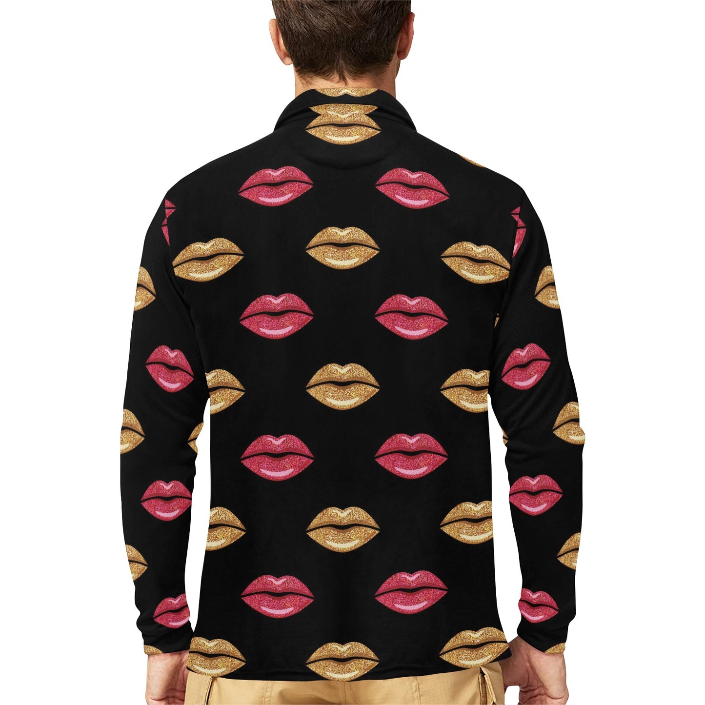 Lip Pattern Print Design 03 Long Sleeve Polo Shirt For Men's