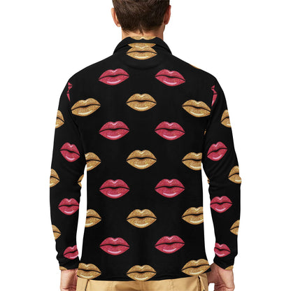 Lip Pattern Print Design 03 Long Sleeve Polo Shirt For Men's