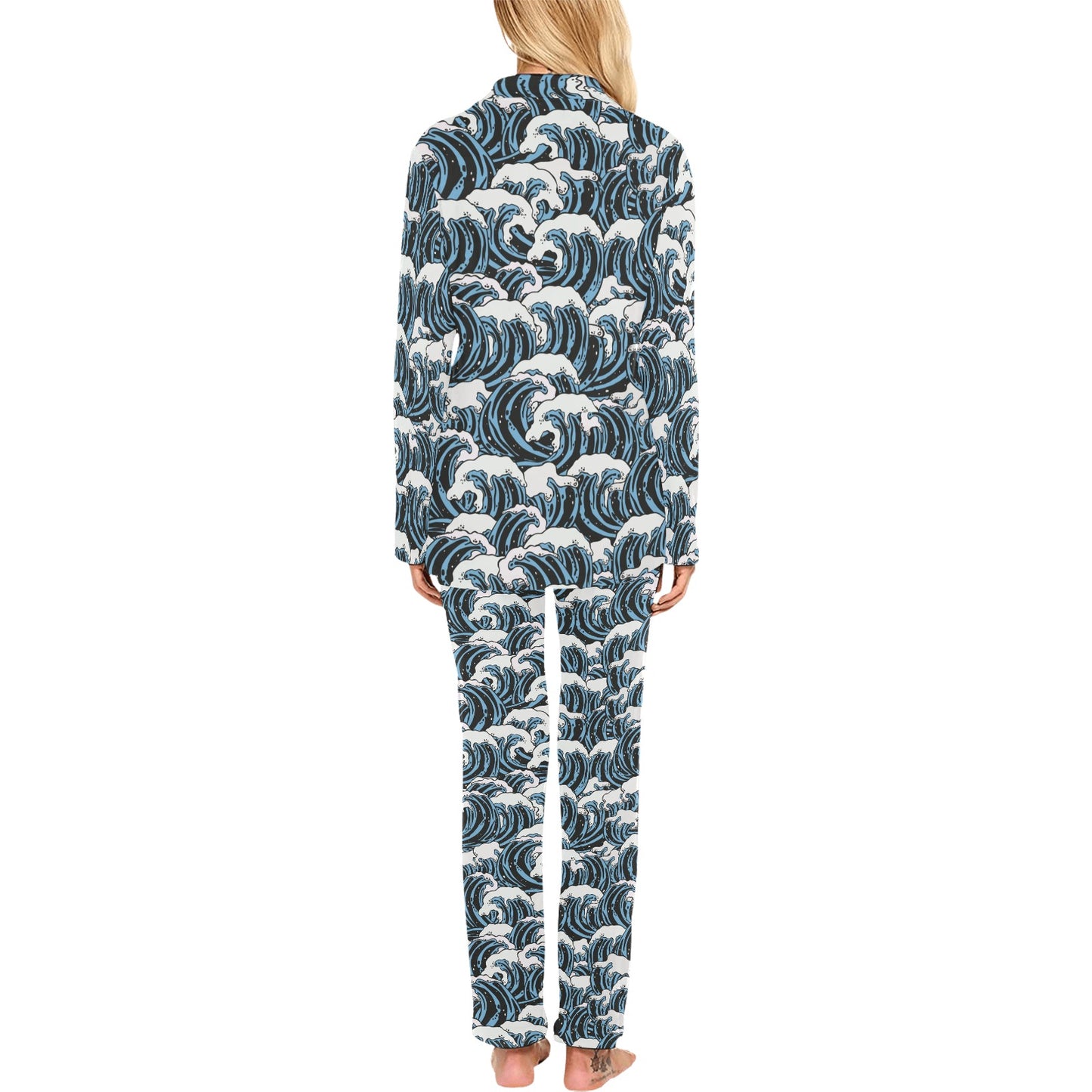 Surf Wave Pattern Print Women's Long Pajama Set