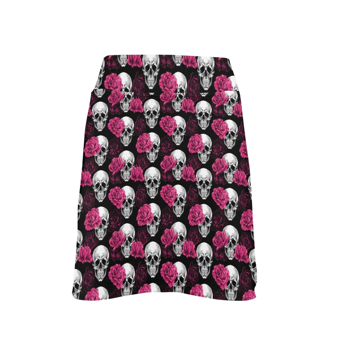 Pink Rose Skull Themed Print 17" Golf & Pickleball Skort with Pockets