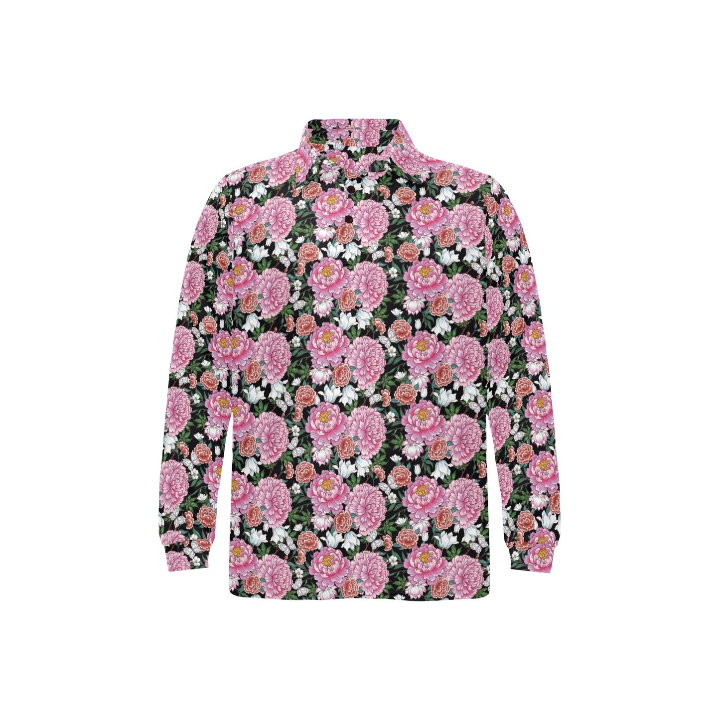 Dahlia Pattern Print Design 02 Long Sleeve Polo Shirt For Men's