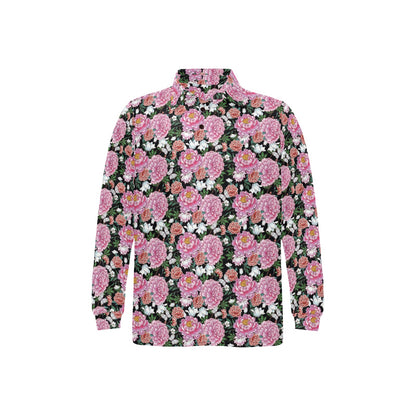 Dahlia Pattern Print Design 02 Long Sleeve Polo Shirt For Men's