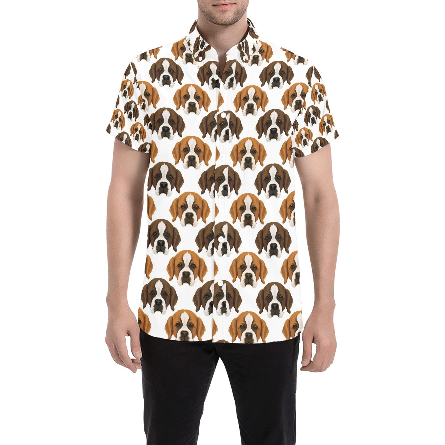 St Bernards Print Design LKS301 Men Short Sleeve Button Up Shirt