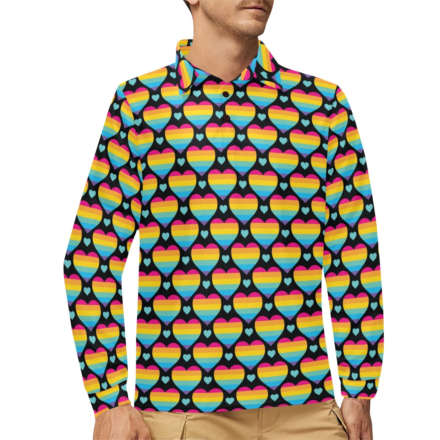 Rainbow Heart Print Pattern Long Sleeve Polo Shirt For Men's
