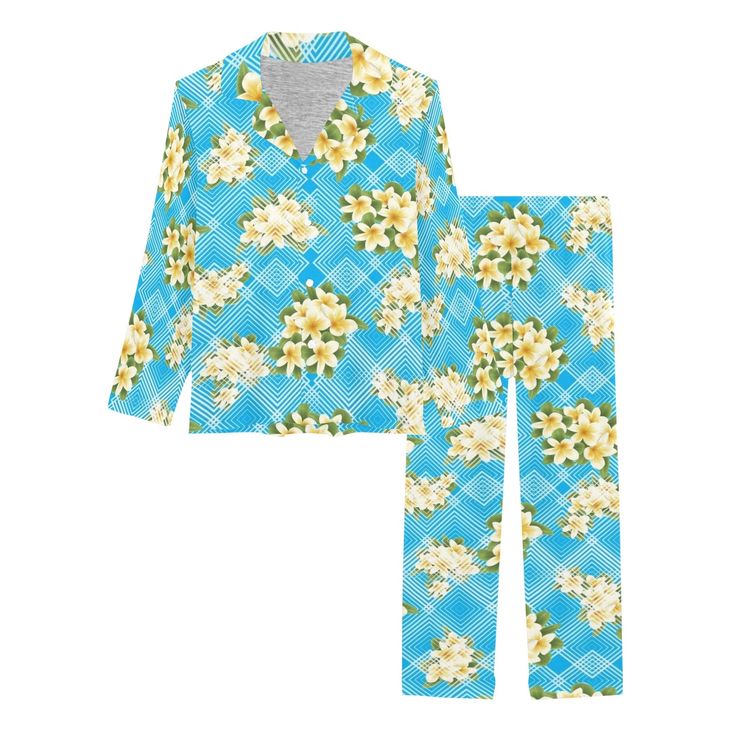 Yellow Plumeria Design Print Pattern Women's Long Pajama Set