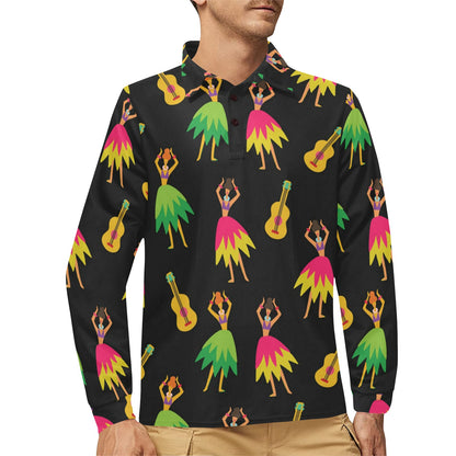 Hula Dancers Hawaiian Girl Pattern Print Design 03 Long Sleeve Polo Shirt For Men's