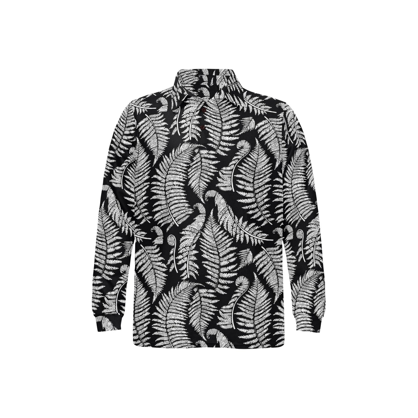 Fern Leave Black White Print Pattern Long Sleeve Polo Shirt For Men's