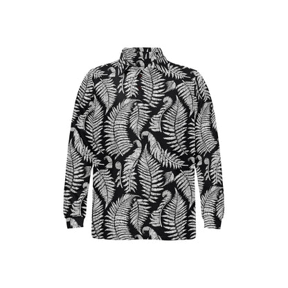 Fern Leave Black White Print Pattern Long Sleeve Polo Shirt For Men's
