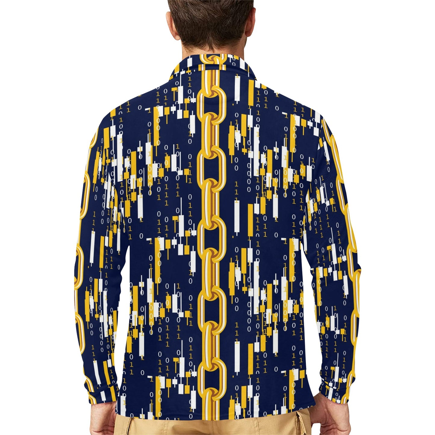 Cryptocurrency Chain Pattern Print Design 03 Long Sleeve Polo Shirt For Men's
