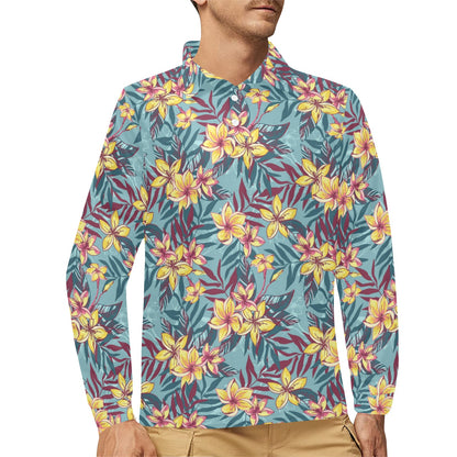 Summer Floral Print Design LKS304 Long Sleeve Polo Shirt For Men's