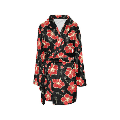 Red Hibiscus Pattern Print Design HB021 Women's Fleece Robe