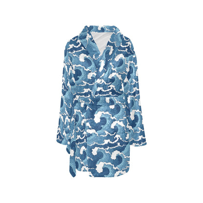 Wave Themed Pattern Print Women's Fleece Robe