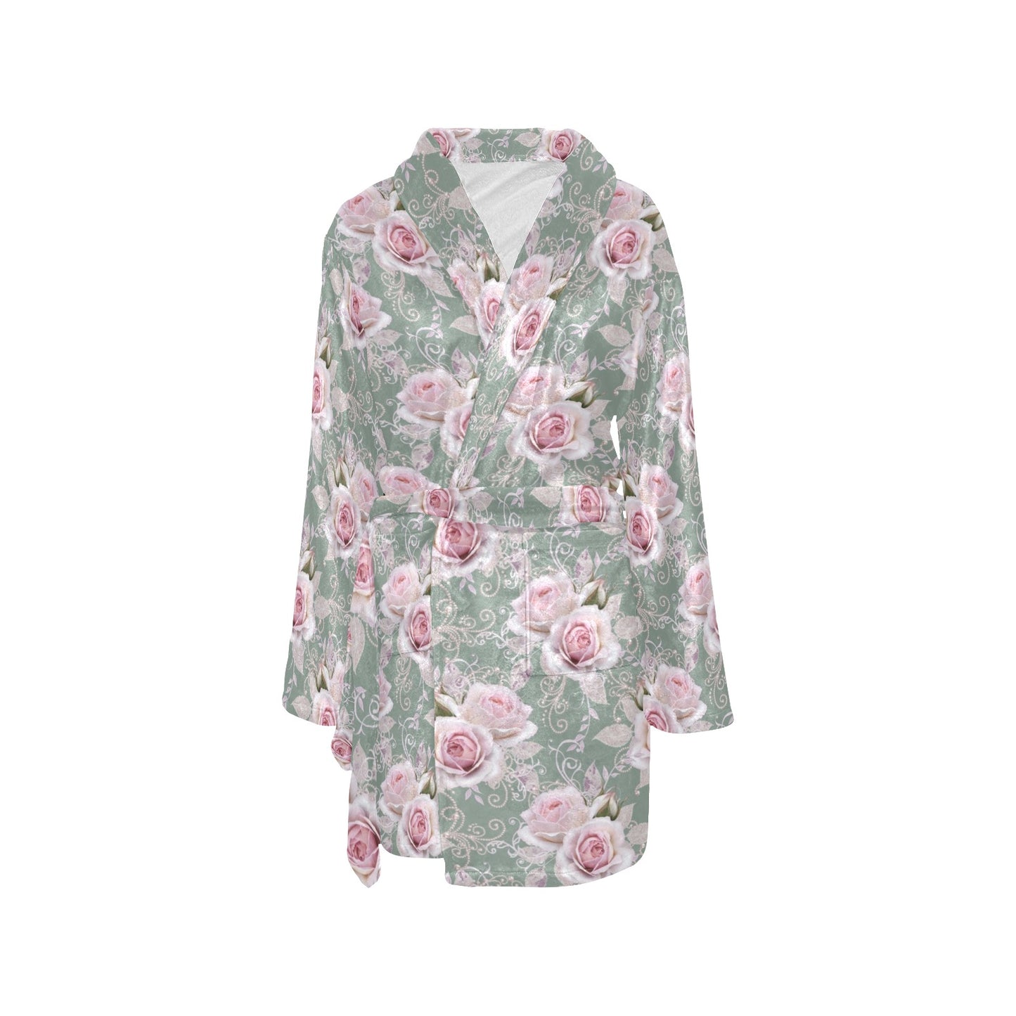 Rose White Pattern Print Design RO012 Women's Fleece Robe