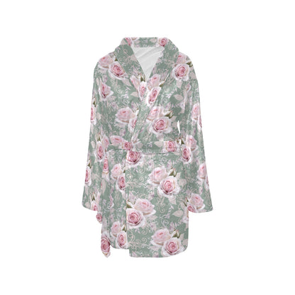 Rose White Pattern Print Design RO012 Women's Fleece Robe