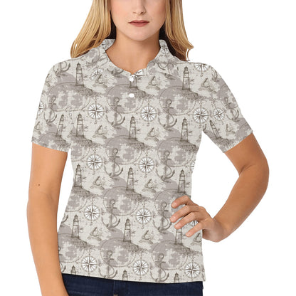 Nautical Map Design Themed Print Women's Polo Shirt