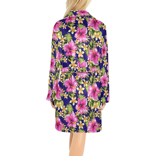 Pink Hibiscus Pattern Print Design HB027 Women's Fleece Robe