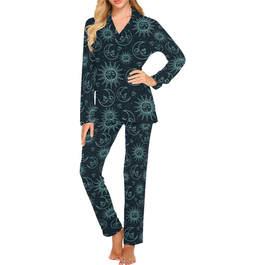 Sun Moon Magic Design Themed Print Women's Long Pajama Set