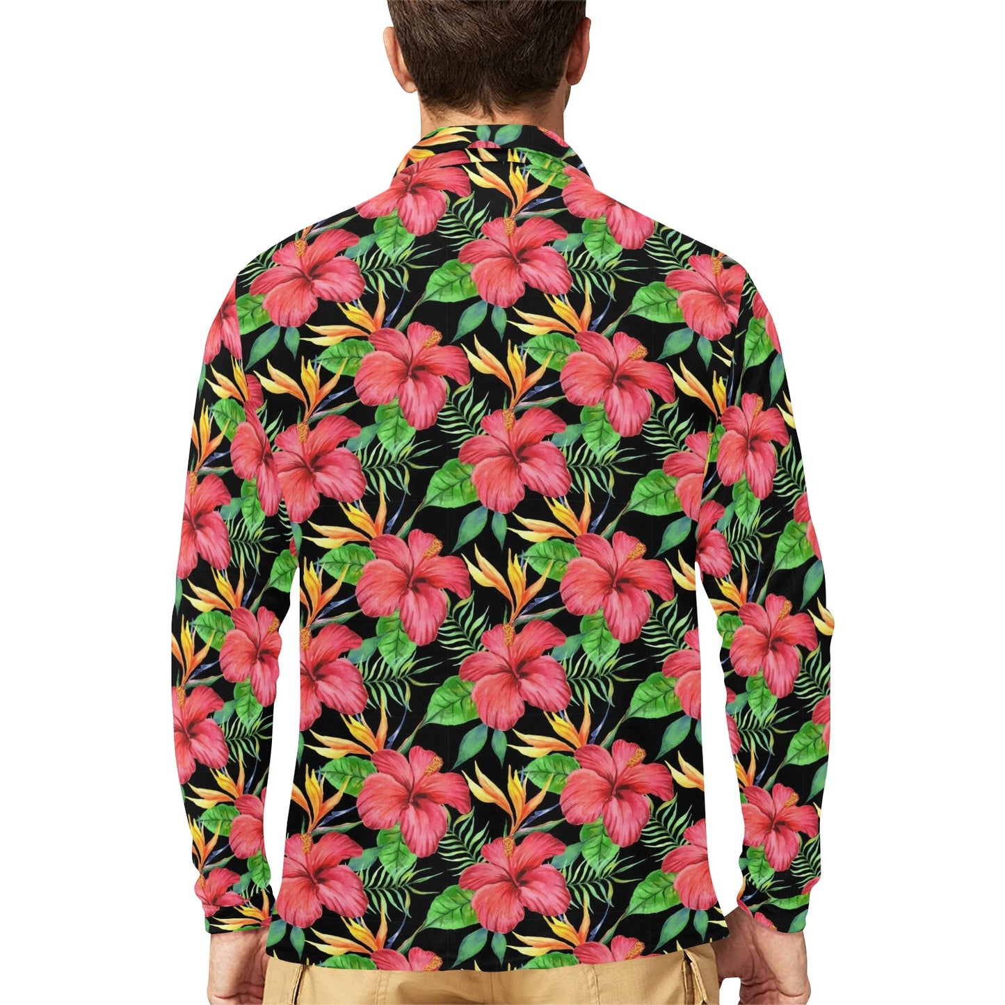 Red Hibiscus Pattern Print Design HB07 Long Sleeve Polo Shirt For Men's