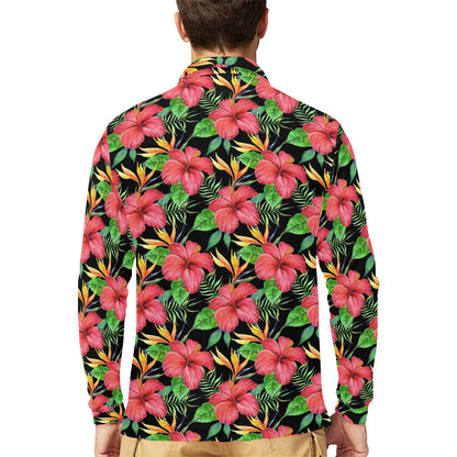 Red Hibiscus Pattern Print Design HB07 Long Sleeve Polo Shirt For Men's