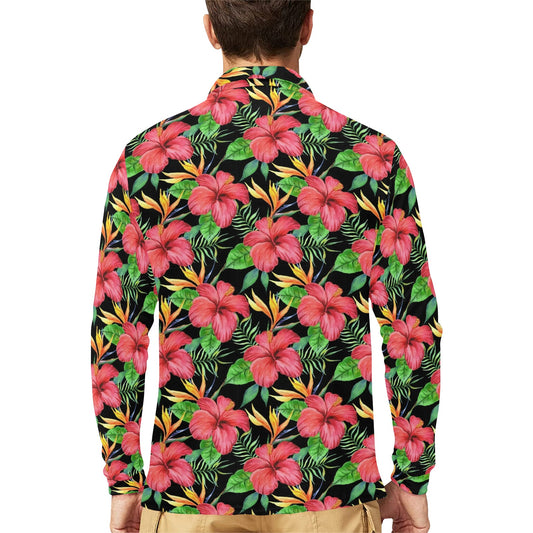 Red Hibiscus Pattern Print Design HB07 Long Sleeve Polo Shirt For Men's